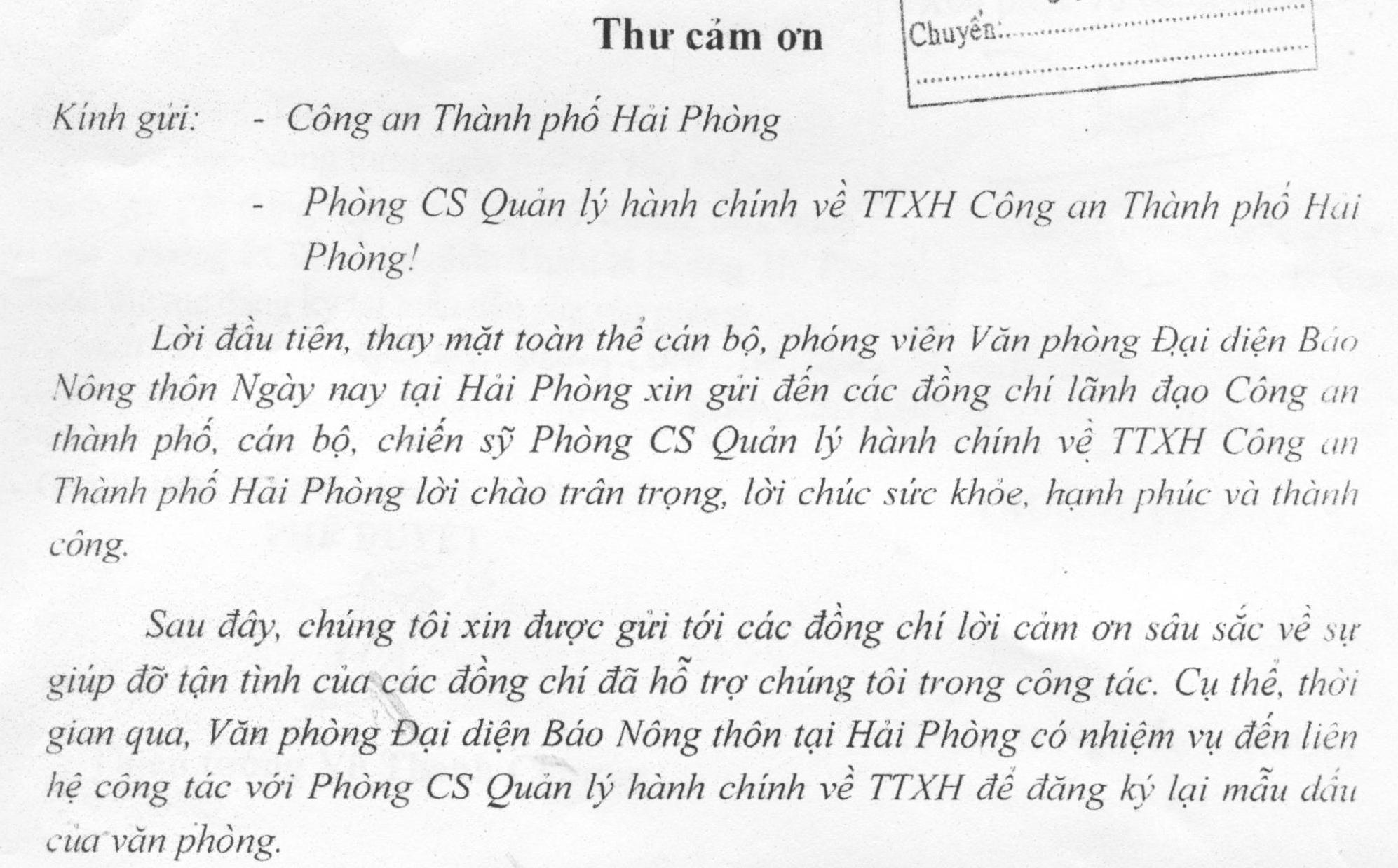 Văn phòng Đại diện Báo Nông thôn Ngày nay tại Hải Phòng  gửi thư cảm ơn
